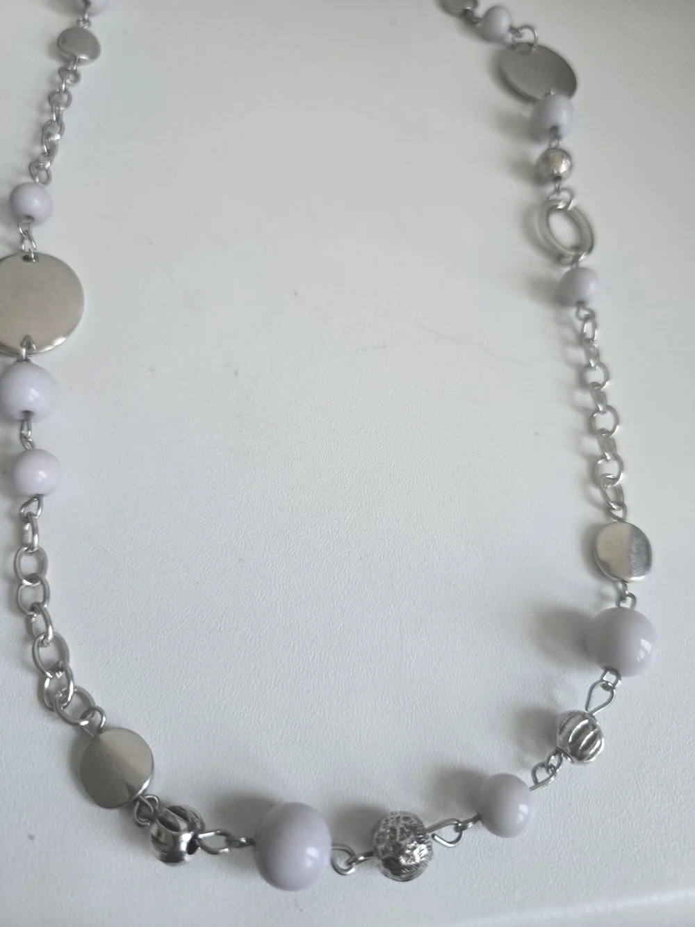 Silver and White Bead Necklace with Matching Earrings